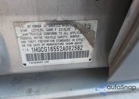 2002 Honda Accord 3.0 Ex from USA, damaged, VIN 1HGCG16552A082582